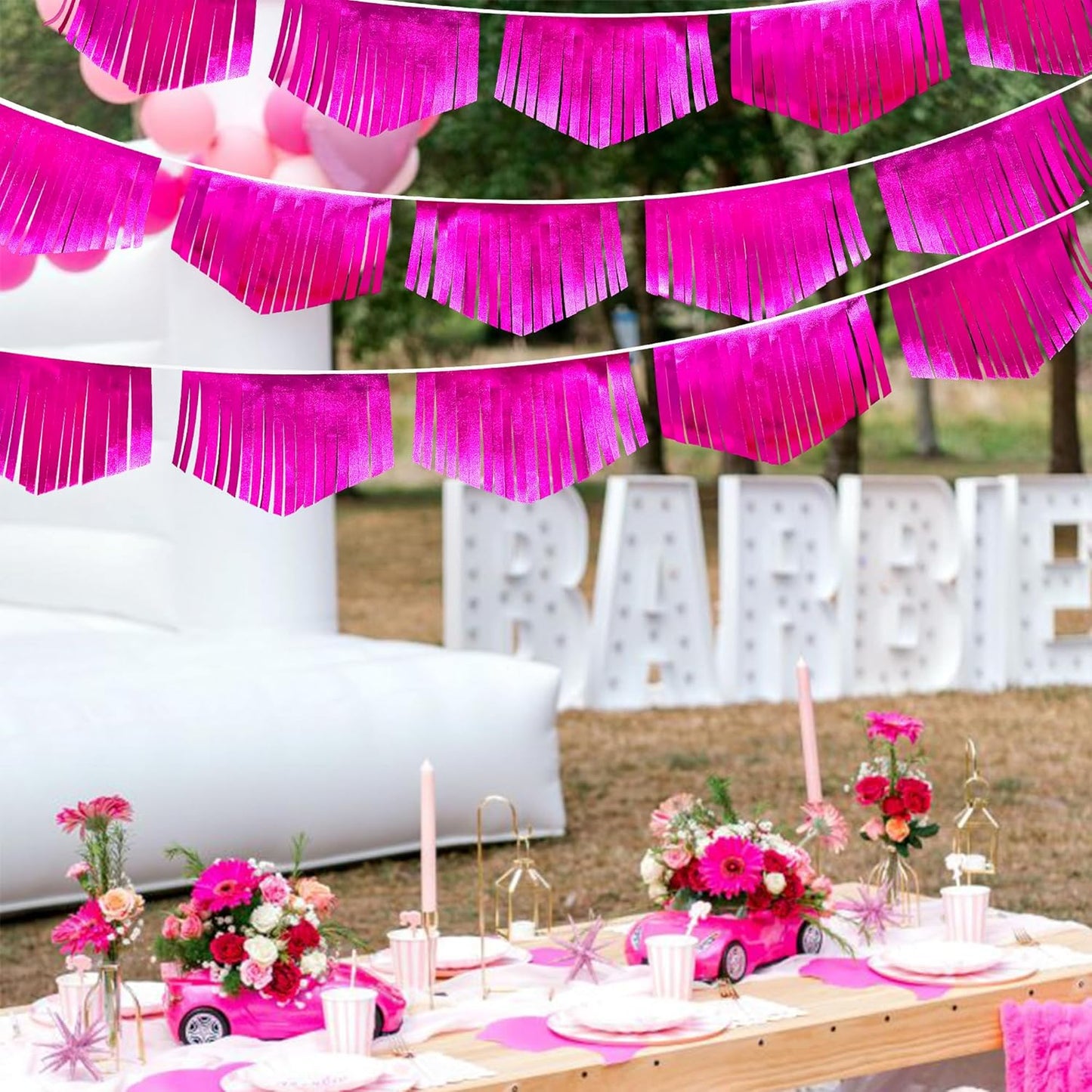 Hot pink Tassel Banner Double Sided Metallic Fabric Pennant Bunting Flag Garland for Birthday Bachelorette Anniversary Engagement Wedding Bridal Shower Graduation Pink Girl Party Decorations Supplies