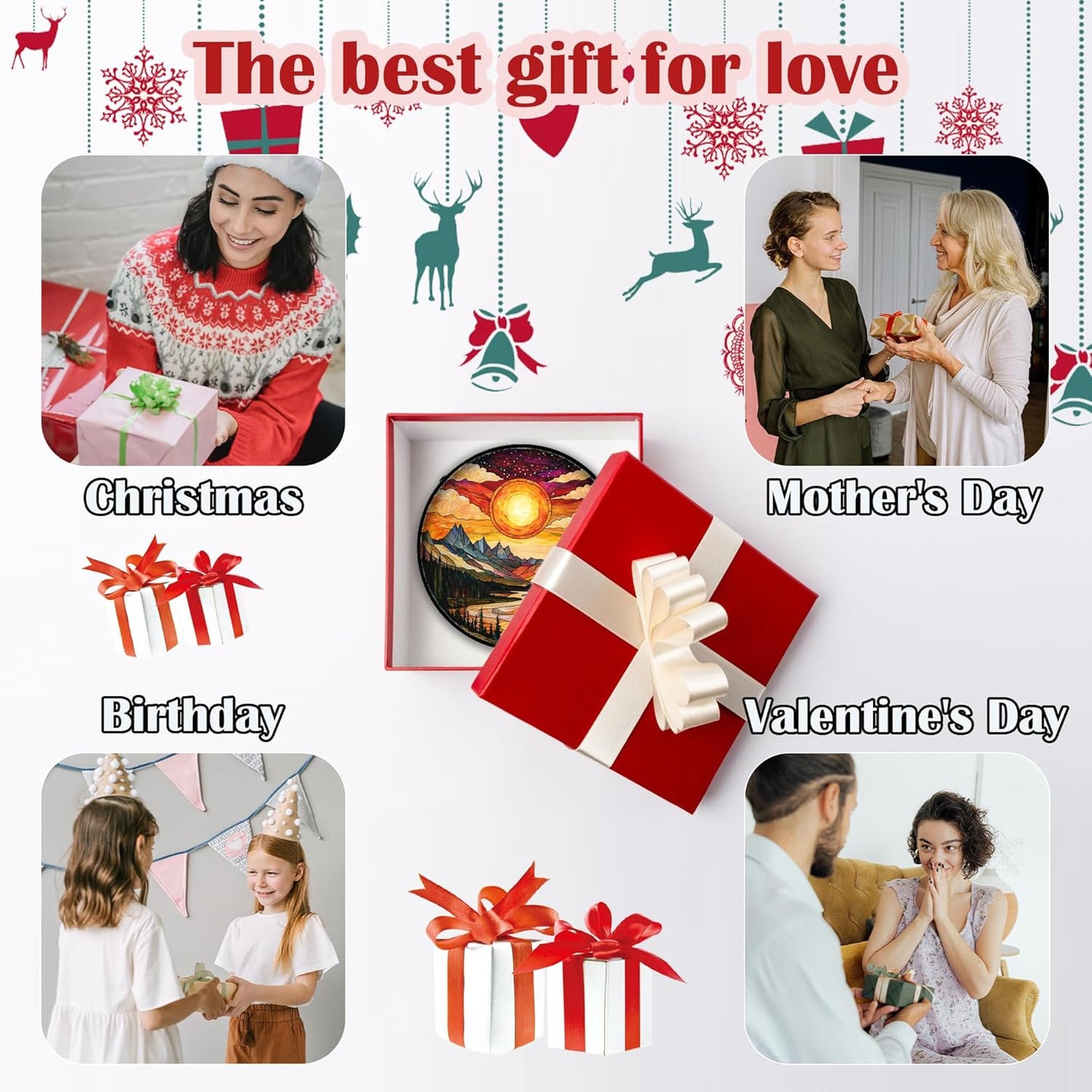 Stained Glass Window Hanging, Dusk Sunset Landscape Sun Catchers Glass Panel Lakes and Mountains Suncatcher Decor for Birthday for Women, Men, Wife, Aunt, and Mom 9.8 in