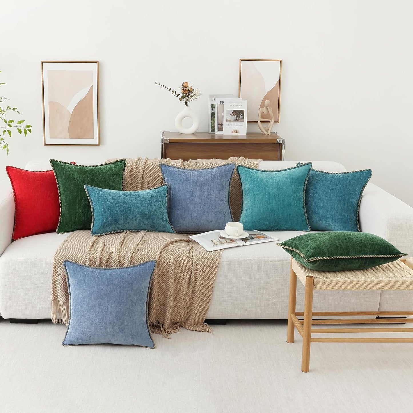 decorUhome Chenille Soft Throw Pillow Covers 18x18 Set of 2, Farmhouse Velvet Neutral Decorative Euro Pillow Covers with Stitched Edge for Couch Sofa Bed Home Decor, Turquoise