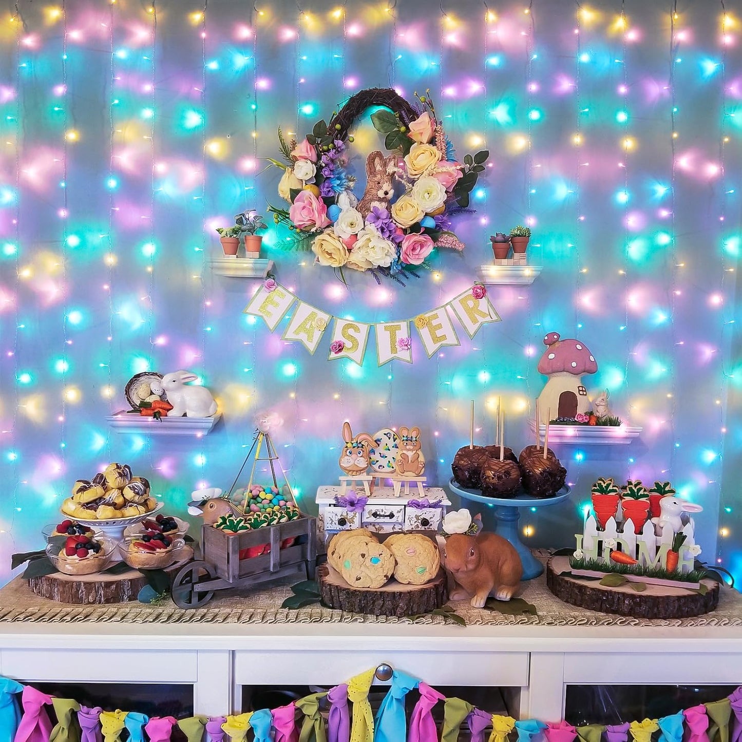 JMEXSUSS 300LED Easter Decorations Curtain Lights with Remote, 9.8x9.8ft Easter Sting Lights Plug in for Bedroom Wall Window Party Backdrop Porch Patio Garden Yard Indoor Outdoor Decor