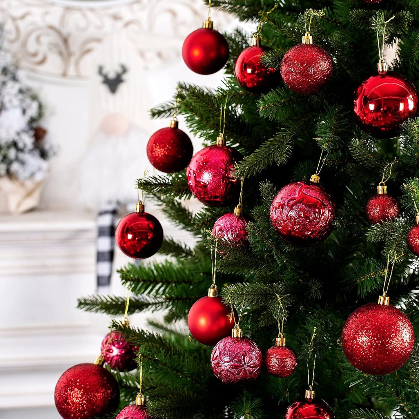 Senjie Red Shatterproof Christmas Ball Ornaments, 32 Pcs, Plastic, Eclectic Style, Wedding & Christmas Occasion