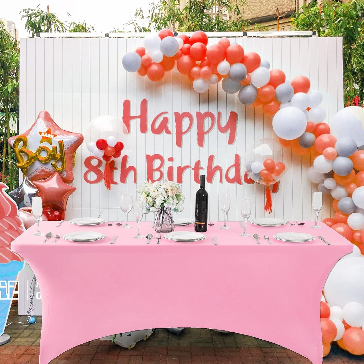 SuperO Waterproof Spandex Table Cover for 8FT Table Universal Fitted Stretch Tablecloth for Party, Banquet, Wedding and Events-Pink