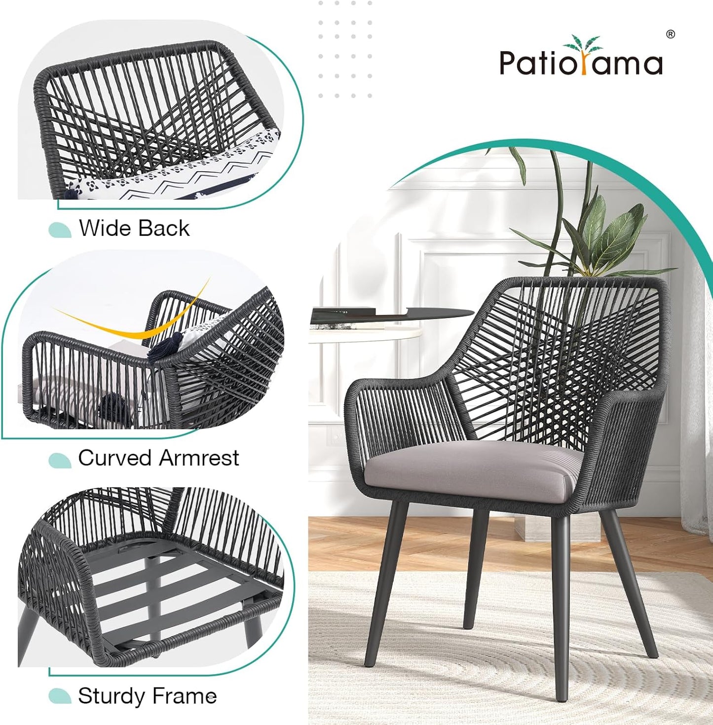 Patiorama Patio Dining Chair Set of 6, Woven Rope Outdoor Dining Chairs w/Steel Frame, All-Weather Twisted Rattan Chairs w/Armrest & Cushion, Outdoor Dining Wicker Chairs for Backyard Garden(Black)