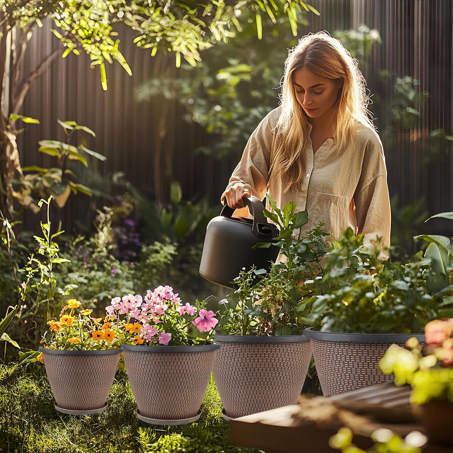 16 inch Plant Pots, Large Planters for Outdoor Plants Set of 4, Round Plastic Flower Pots with Drainage Holes & Trays, Modern Decorative Indoor Garden Pot, Plant Container for House (Black Copper)