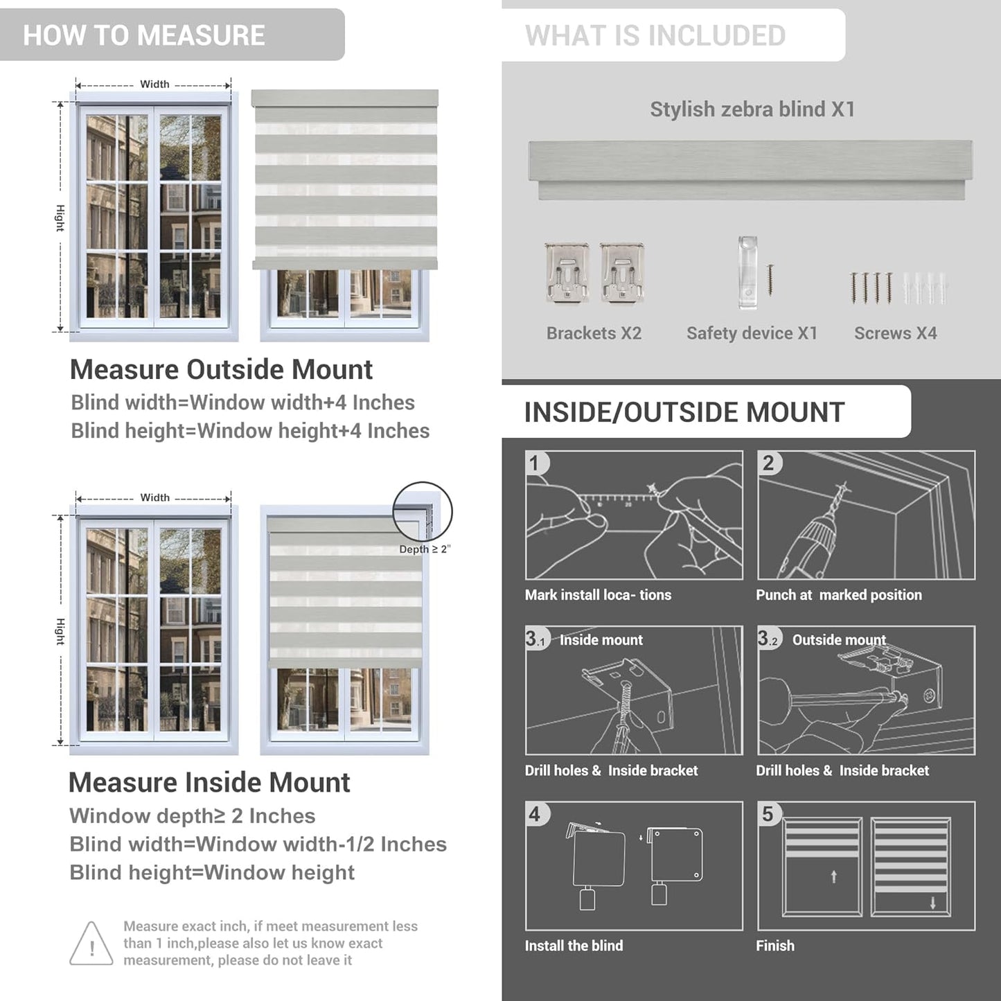 Cordless Zebra Blinds for Windows, Blackout Interior Blinds,Easy to Install,UV Protection,for Offices and Home,Custom Roller Shades, Mousse Light Grey,30" W x 72" H