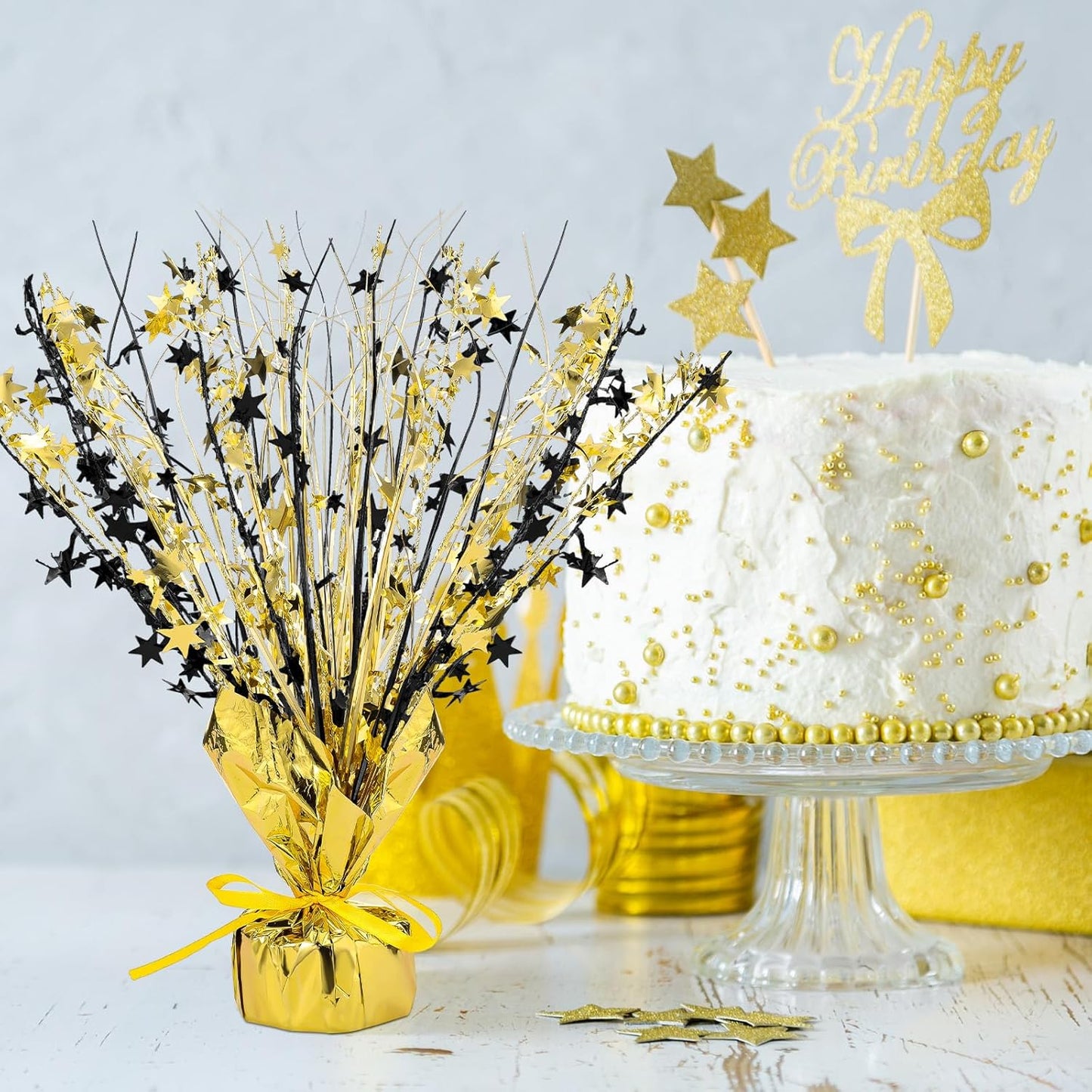 Crowye 18 Pieces Metallic Foil Spray Centerpiece Party Star Table Decoration Burst Metallic Table Centerpieces for Birthday Party Season Holiday (Black Gold)