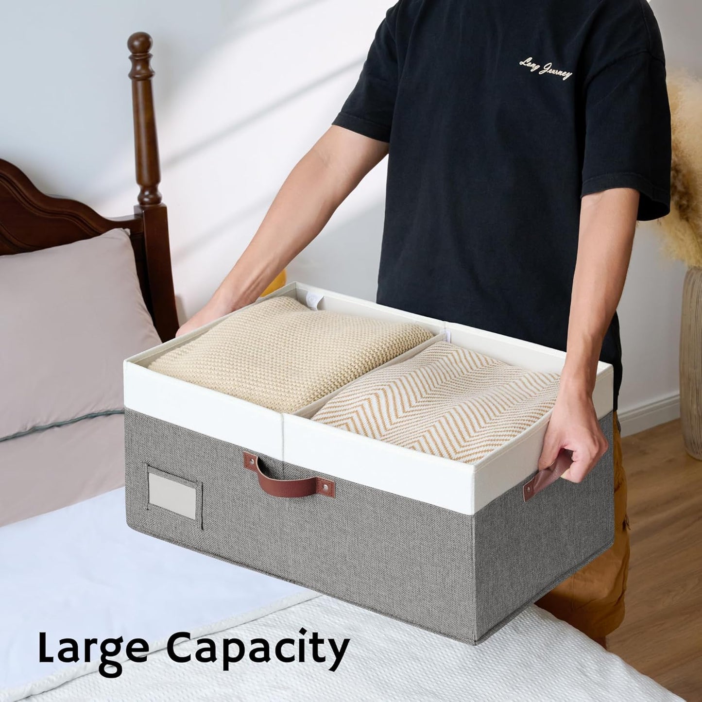 GRANNY SAYS Decorative Storage Boxes with Lid, Large Storage Bins with Double-Open Lid and Divider, Fabric Storage Bins for Clothes, Linen Storage Bins, 63L Closet Storage Bins, White&Gray