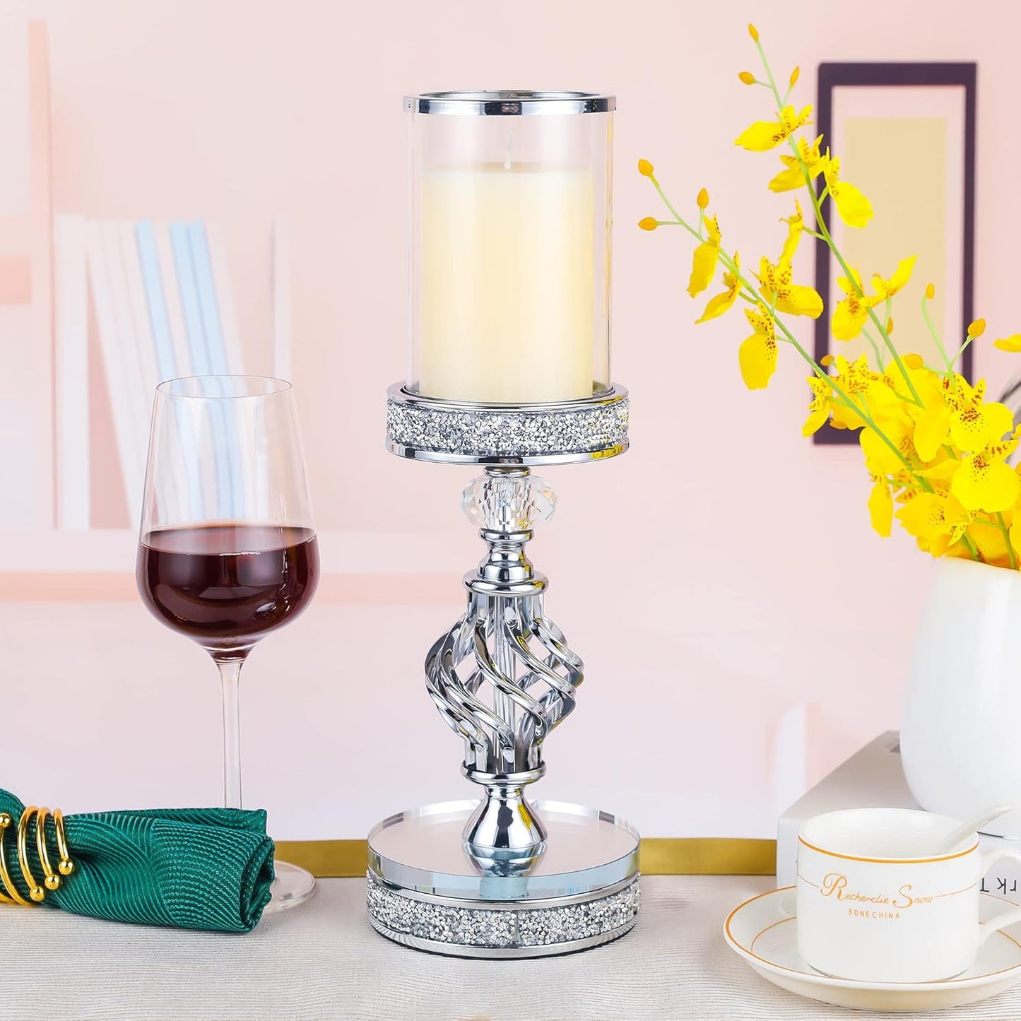 Hanjue Crystal Candle Holders for Pillar Candle, Metal Crystal Candle Holder for Home Decor, Centerpieces, Coffee Dining Table CH0509 (Silver (M))