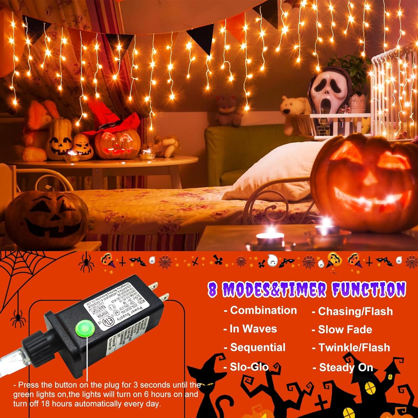 Orange Lights for Halloween 66ft 640 LED Icicle Christmas Lights Outdoor 8 Modes with 120 Drops, Waterproof Halloween Light Outdoor Plug in for Outside Indoor Party Holiday Tree Decorations