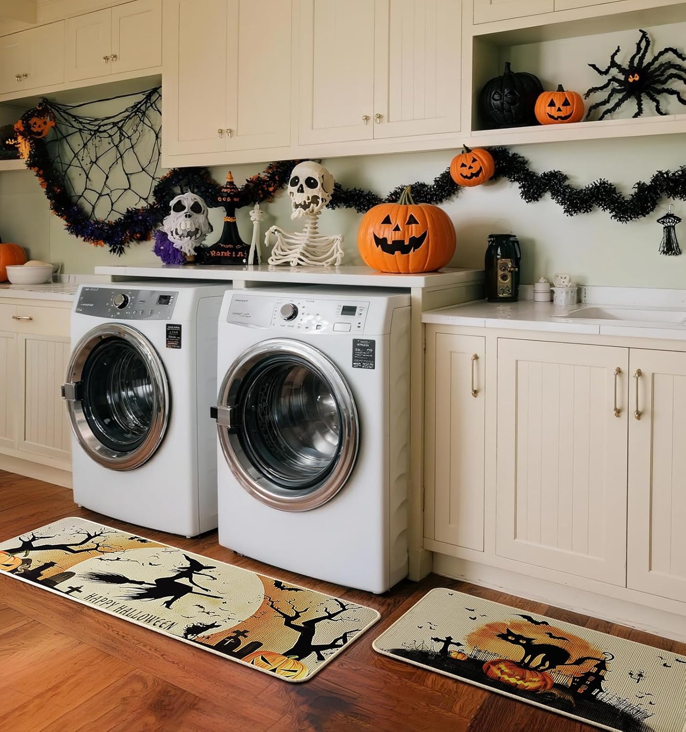 Halloween Kitchen Mat Set of 2, Spooky Witch Pumpkin Cat Halloween Kitchen Decor, Halloween Rug for Floor, Indoor Spooky Home Decor with Non-Slip Backing,17 x 29 Inch & 17 x 47 Inch