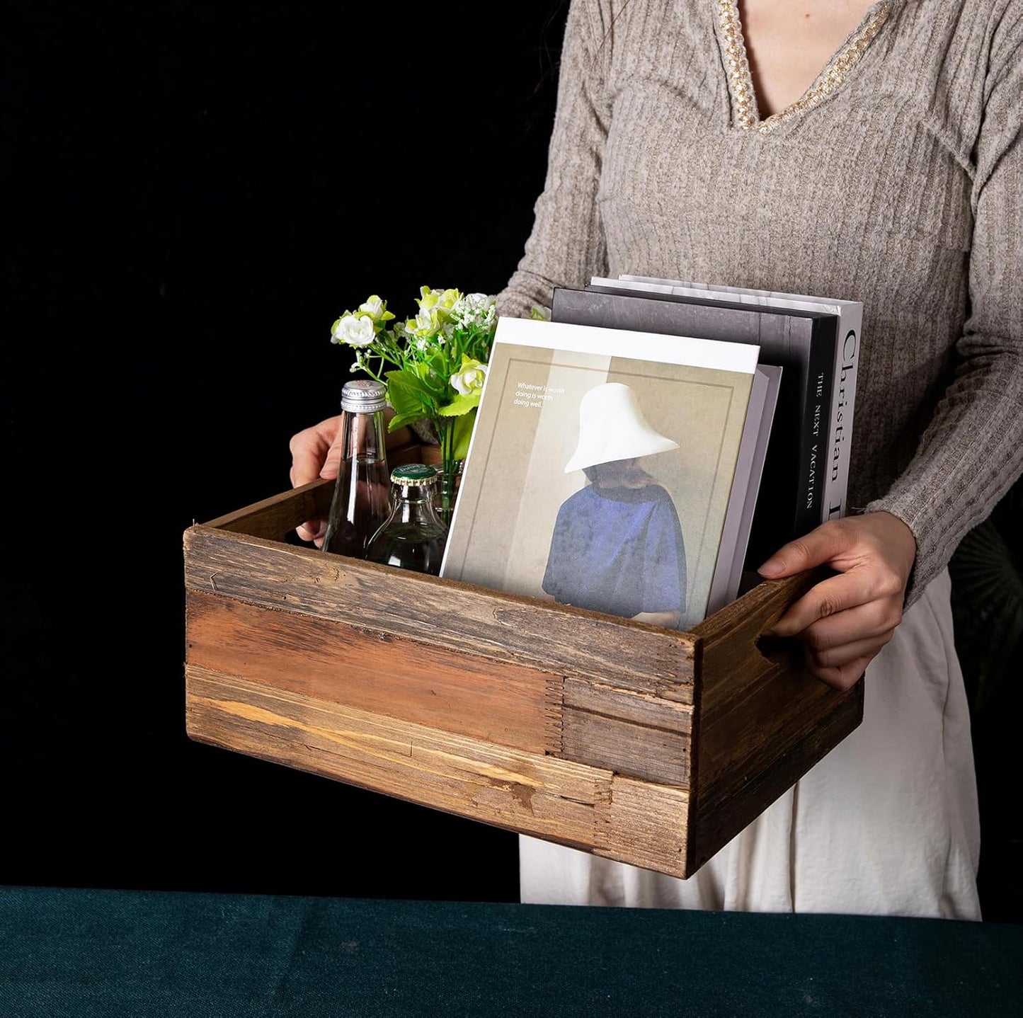 TIMRIS Set of 3 Rustic Distressed Wood Nesting Crates, Farmhouse Decorative Wooden Storage Boxes, Vintage Reclaimed Wood Baskets for Display (Natural)