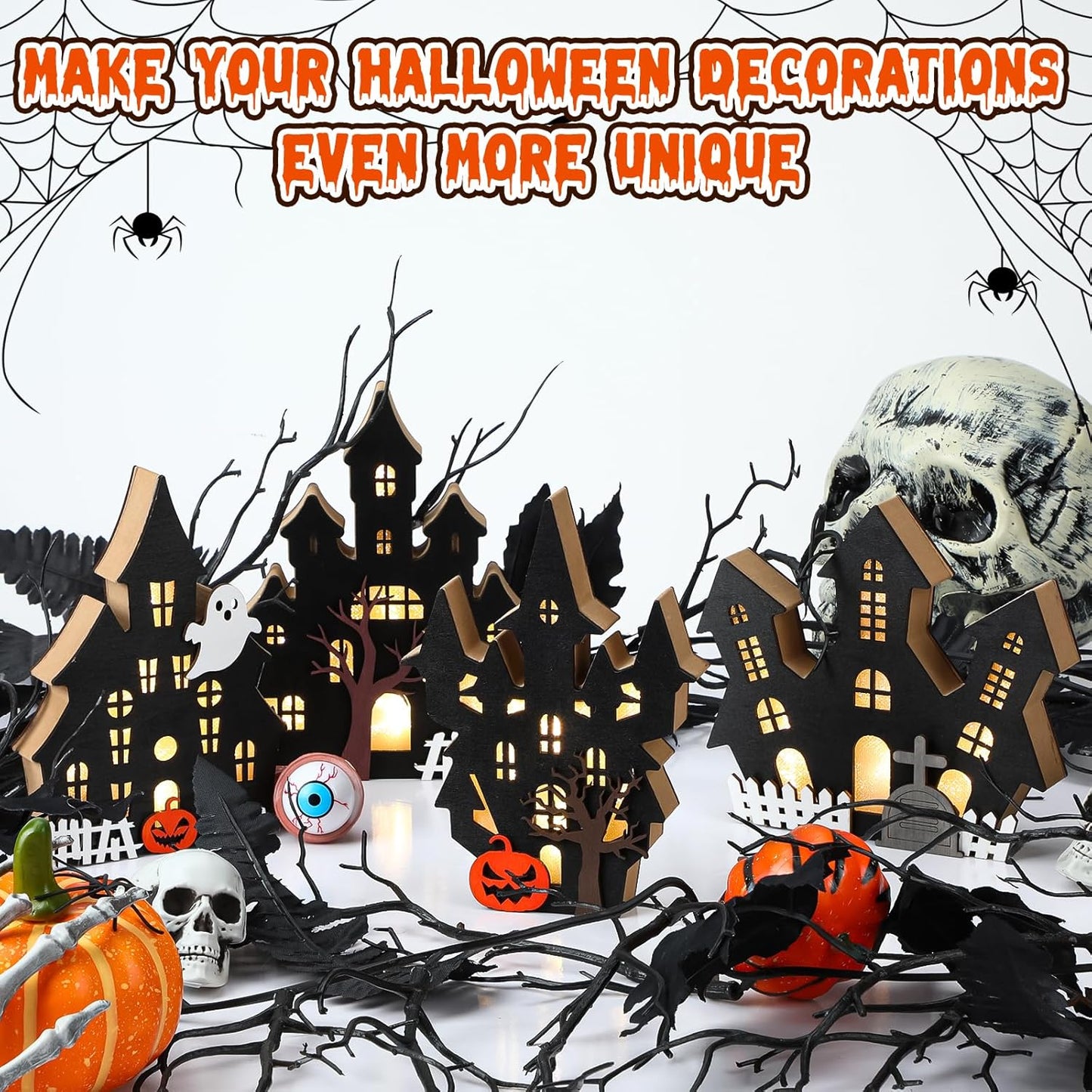 Bucherry 4 Pack Halloween Table Haunted House Decor Lighted Wooden Village Ghost House 3D Tabletop Decorations for Halloween Indoor Home Kitchen Desk Gift(Classic Style)