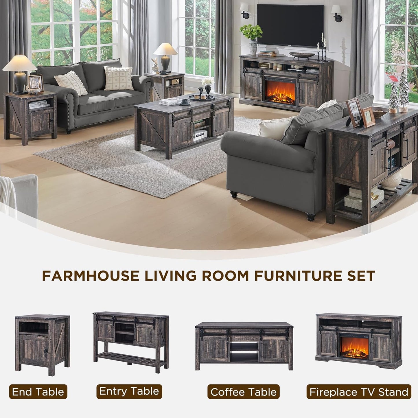 OKD Farmhouse Nightstand with Charging Station, 18" Rustic End Table with Adjustable Storage Shelf, Wood Rustic Wood Sofa Side Table for Bedroom