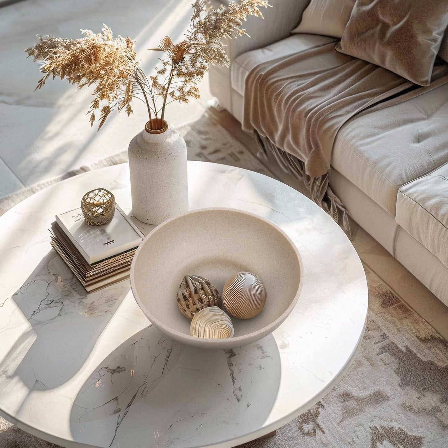 Large Decorative Bowl, Modern Handicraft Resin Bowls for Home Decor, Decorative Fruit Bowl for Kitchen Counter, Stylish Key Bowl for Entry Table, Artificial Stone Resin Beige