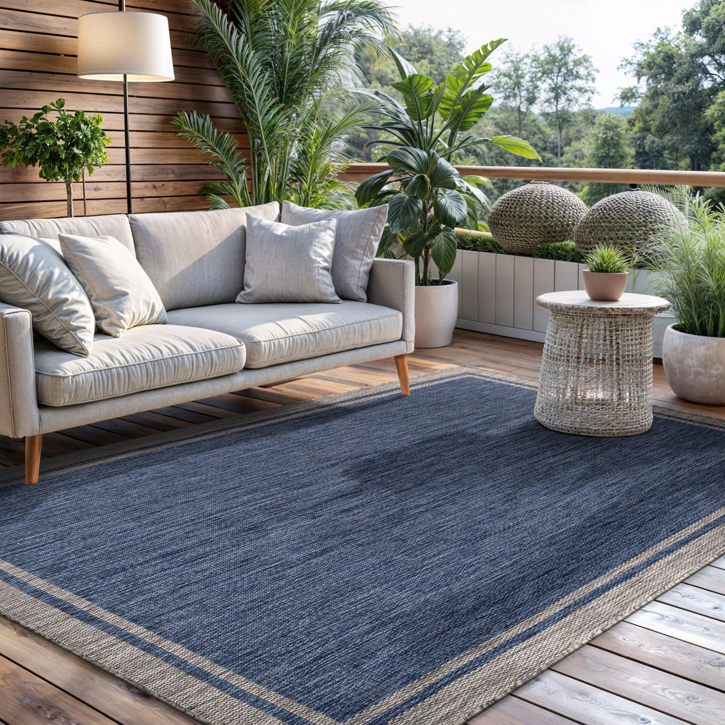 CAMILSON Outdoor Rug, 5x7 Bordered Navy Blue Gray Modern Area Rugs for Indoor and Outdoor Patios, Porches Waterproof Washable Porch Deck Outside Carpet (Bordered Navy, 5 x 7)