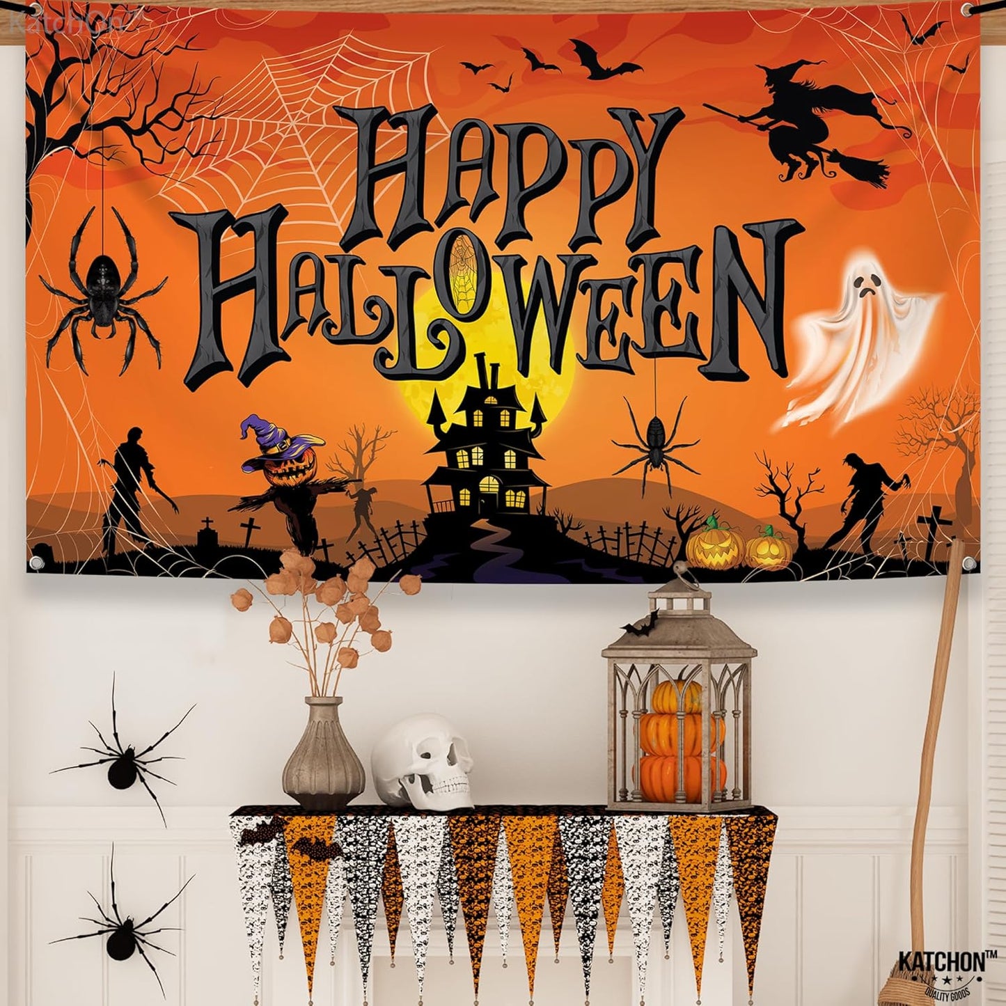 KatchOn Orange Happy Halloween Banner - XtraLarge 72x44 Inch | Pumpkin Backdrop for Party Decorations & Photography