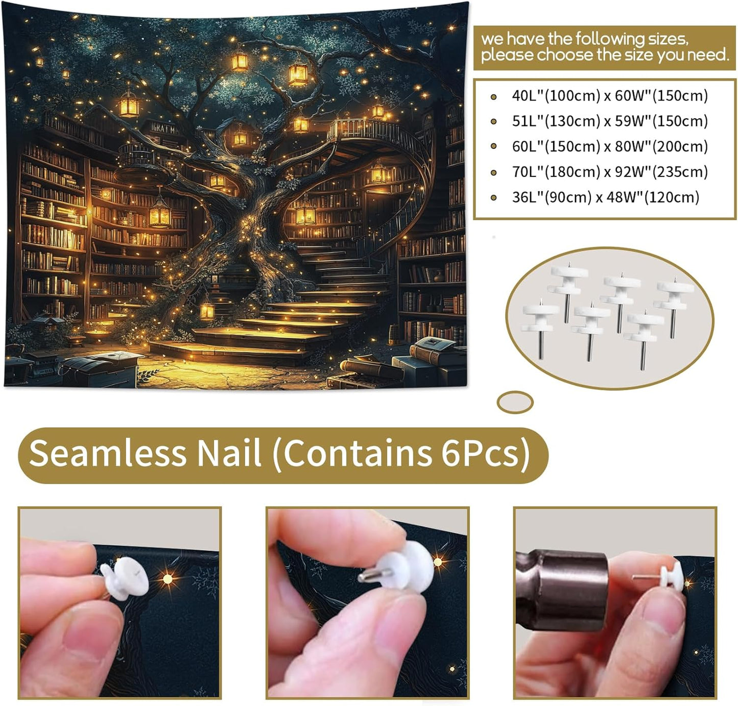 HVEST Fantasy Library Bookshelf Wall Tapestry Fairytale Tree Magic Bookshelf Tapestry Wall Hanging Retro Vintage Tapestries for Classroom Study Room Bedroom Living Room Dorm, 70.9L x 92.5W Inches