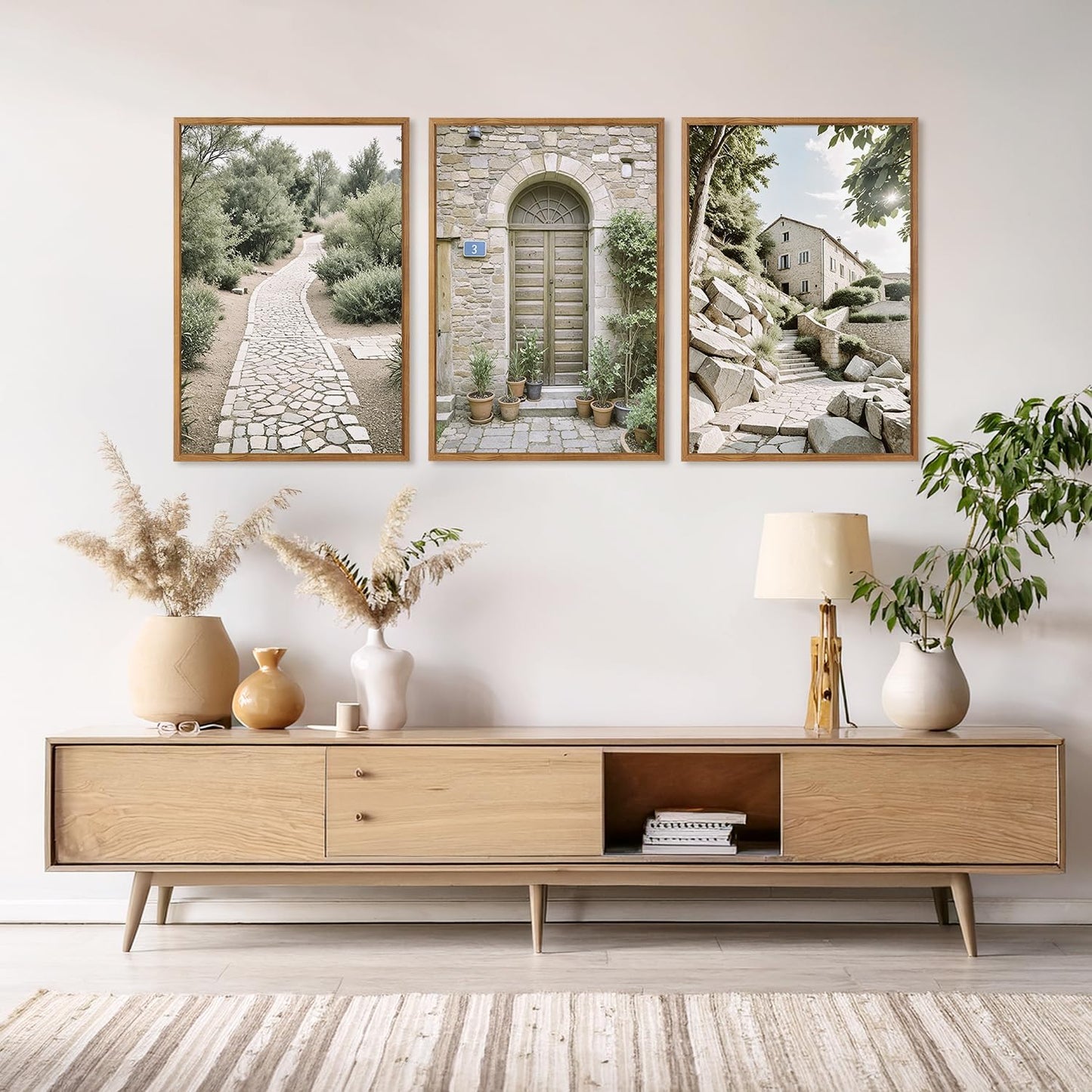 Aurlan Neutral Italy Countryside Landscape Framed Wall Art(16"x24"), 3PCS Vintage Mediterranean City Photography Gallery Canvas Artwork, Large Old Town Architecture Travel Decor Prints for Office Bedroom
