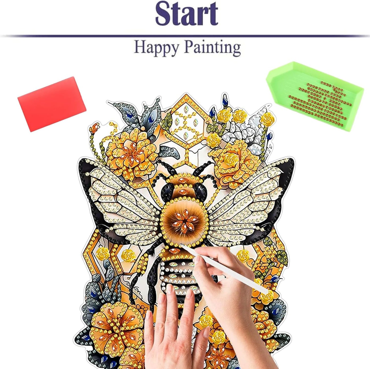 Diamond Painting Kits for Adults Beginners, 5D Full Drill Bee Crystal Art Desktop Ornament, DIY Single Sided Home Office Desk Decor, Creative Craft Gift Set with Tools