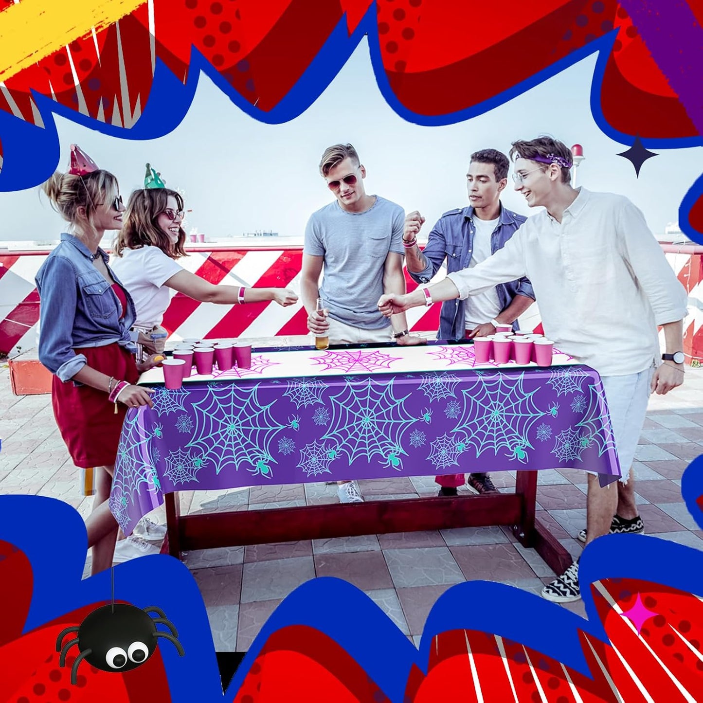 Oudain 3 Pack Spider Theme Birthday Decorations Halloween Purple Black Red Pink Green Web Ghost Bat Tablecloth Cartoon Table Cover Party Favor for Birthday (Purple,Black,Red,Spider)