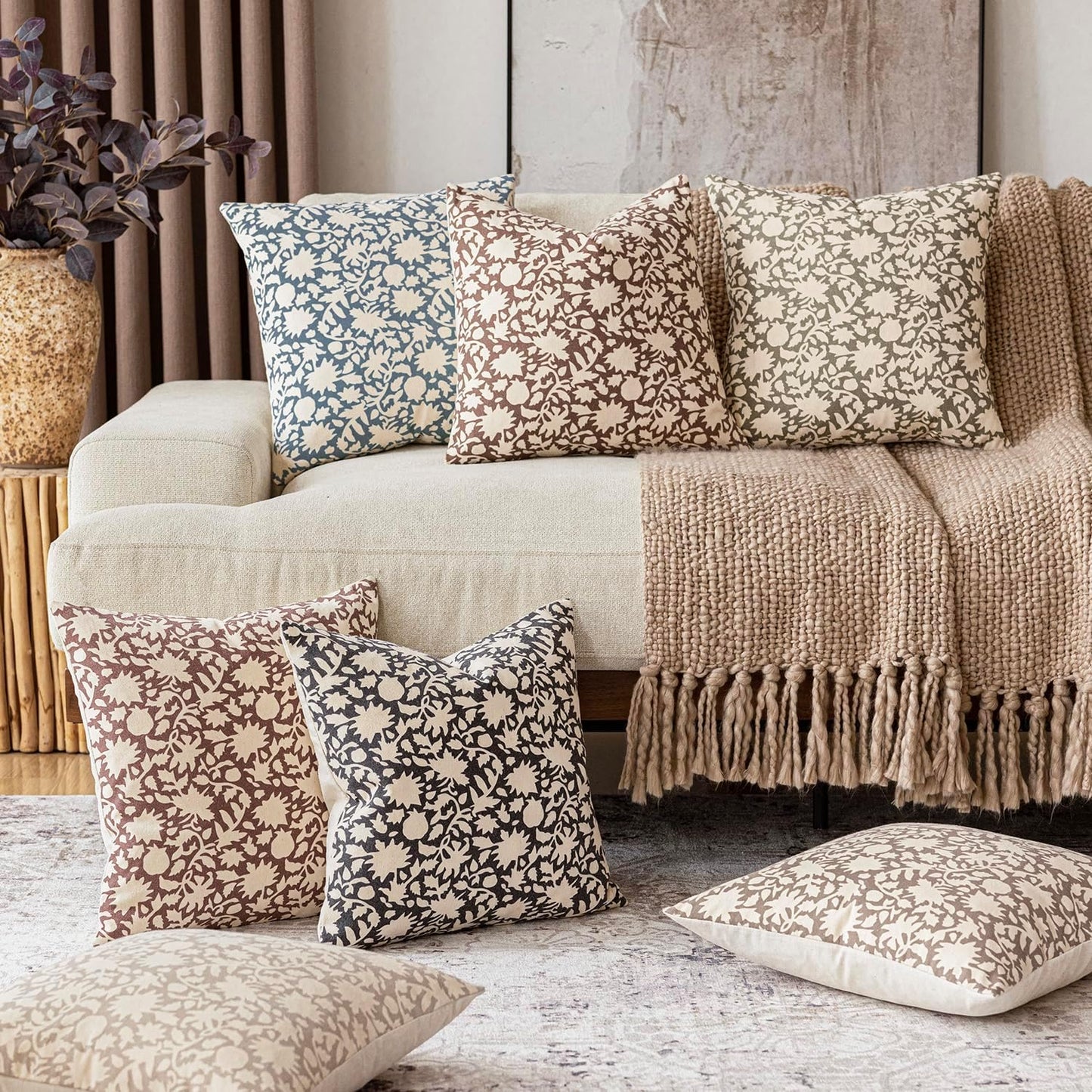 Foindtower Set of 2 Decorative Neutral Floral Throw Pillow Covers Accent Farmhouse Cushion Covers Boho Vintage Pillowcase for Couch Sofa Bedroom Living Room Home Decor Outdoor,20×20 Inch,Dusty Blue