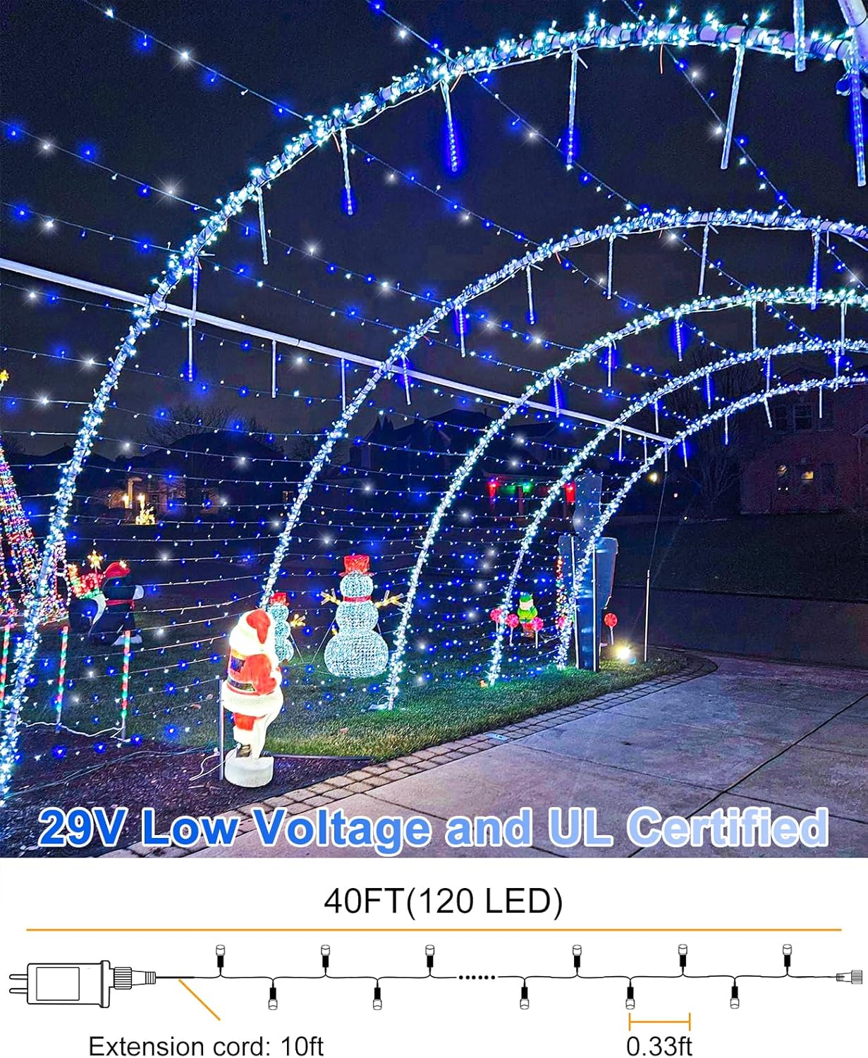 Christmas Lights Outdoor 40FT 120 LED, Green Wire Christmas Tree Lights Waterproof, 8 Modes & Timer, Connectable String Light for Indoor Garden Yard Party Wedding Decorations, Blue White