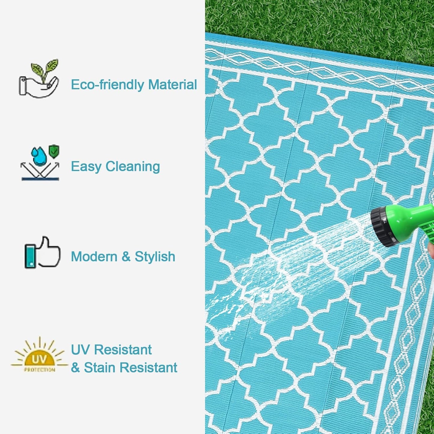 GAOMON Reversible Outdoor Rug 9'x18' Waterproof Plastic Straw Rug, Patio Rug, Large Modern Area Rug Carpet, Indoor Outdoor Rugs for Camping, Porch, Deck, Balcony, Backyard, Teal/White(Geometric)