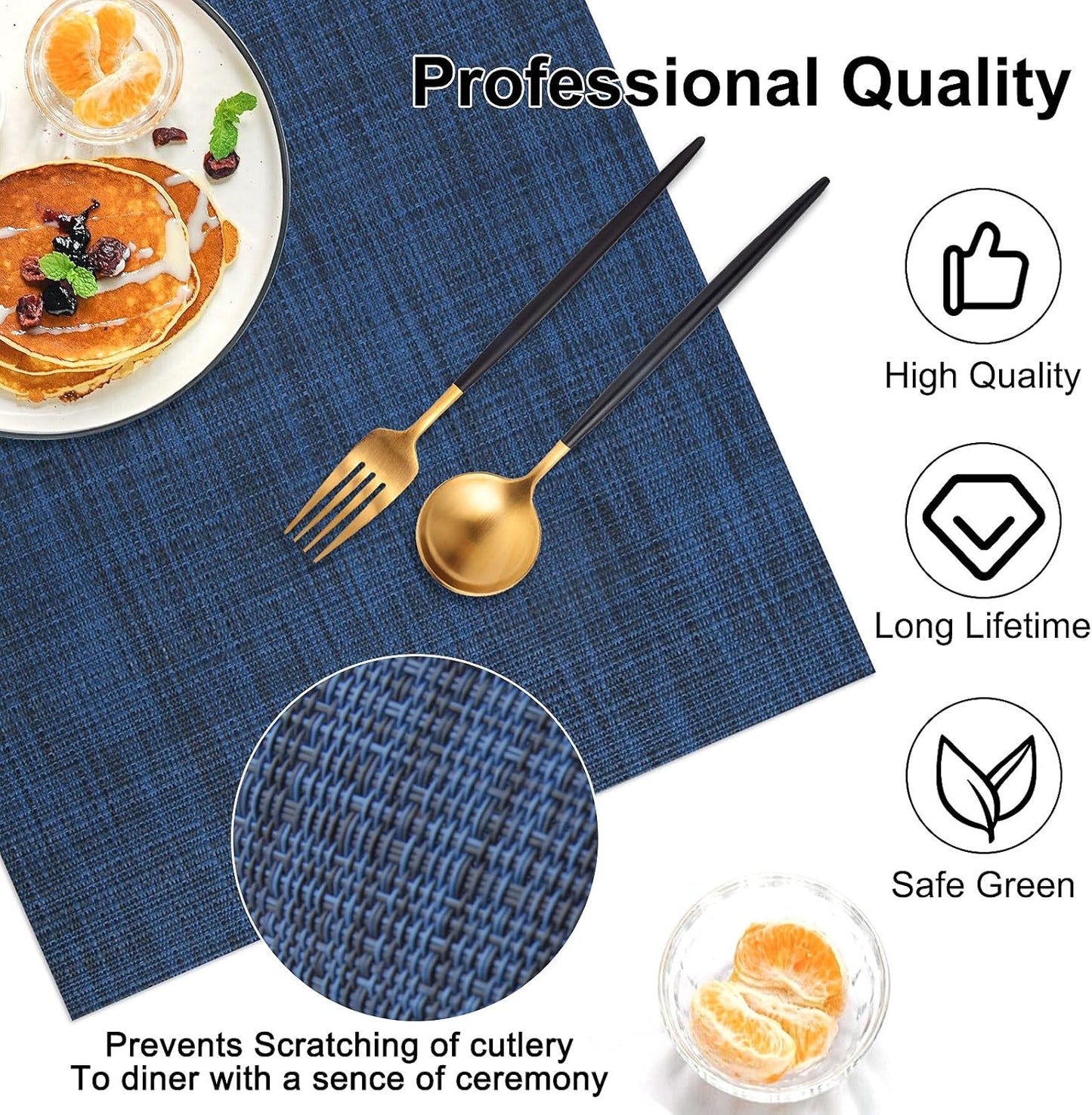 Vinyl Placemats Set of 8, PVC Woven Washable Non-Slip Table Mats, Heat Resistant Wrinkle Free Place Mats for Dining Table, Easy to Clean (8, Navy Blue)