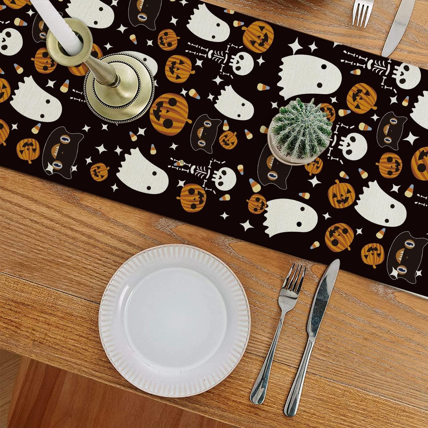Halloween Table Runner and Placemats Set of 5, Halloween Ghost Funny Black Linen Seasonal Kitchen Dining Table Home Outdoor Party Decorations 13x72 Inch