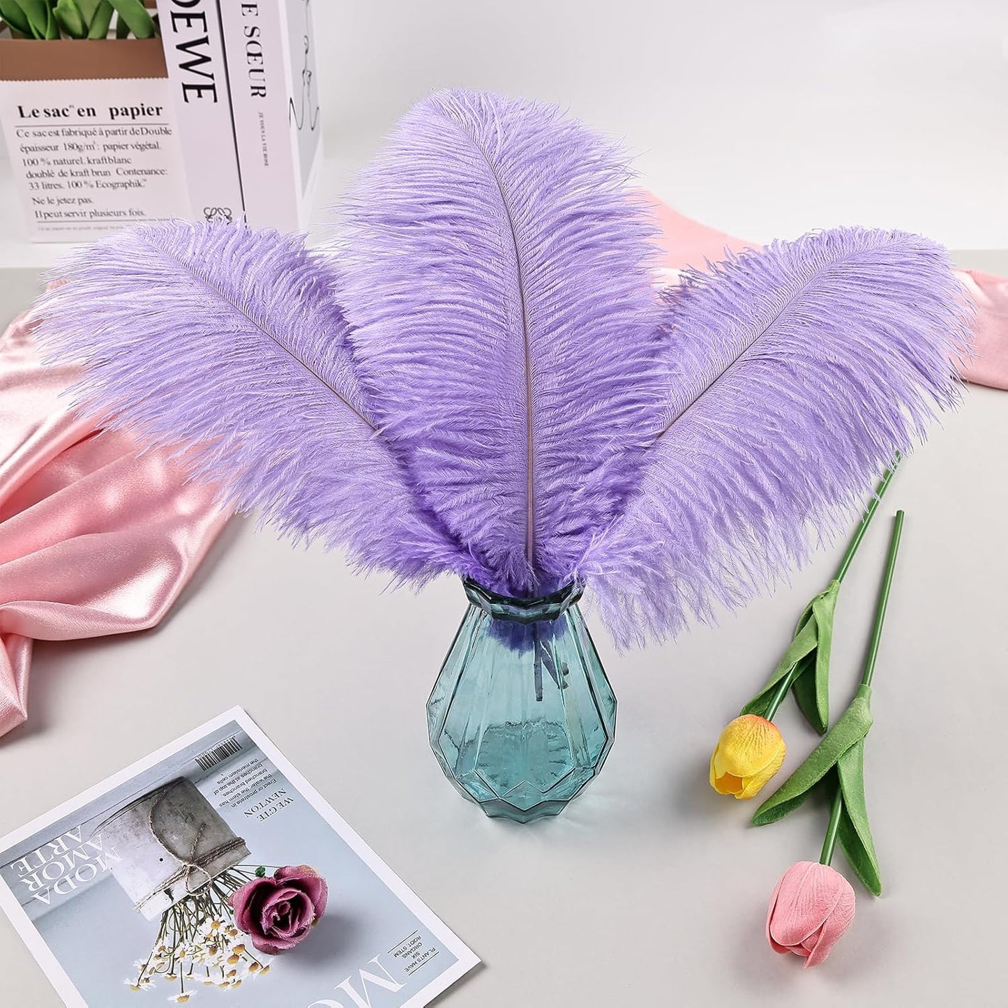 THARAHT Lavender Ostrich Feathers 24pcs Natural Bulk 10-12Inch 25cm-30cm for Crafts Wedding Party Centerpieces Easter Gatsbi and Decoration Feather