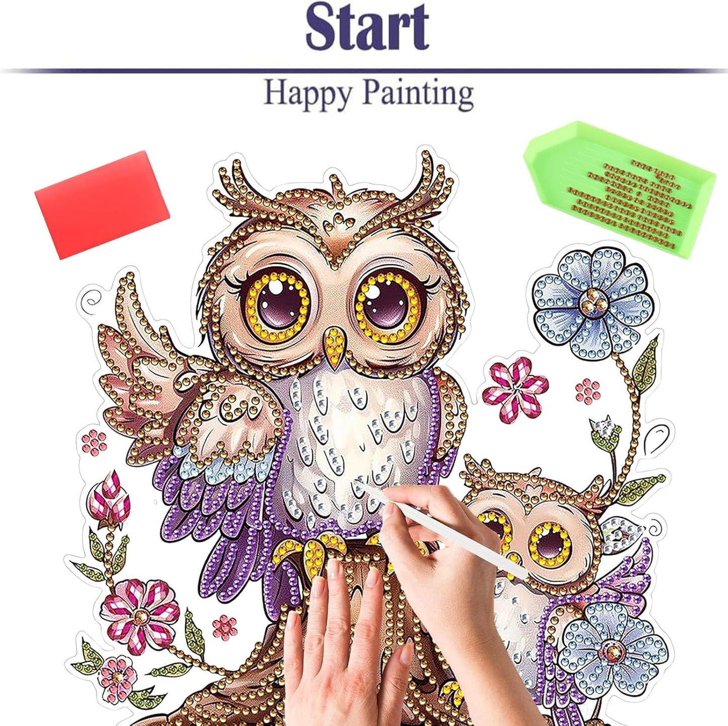 Diamond Painting Kits for Adults Beginners, 5D Full Drill Owl Crystal Art Desktop Ornament, DIY Single Sided Home Office Desk Decor, Creative Craft Gift Set with Tools