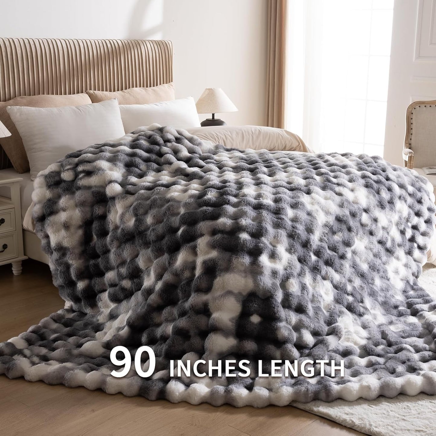 Cozy Faux Fur Throw Blanket for Bed-Warm Fuzzy Throw Blanket, Soft Plush Thick Bubble Blankets for Bedroom and Living Room, Furry Luxury Blanket, 90 x 108,Tie-Dye Grey