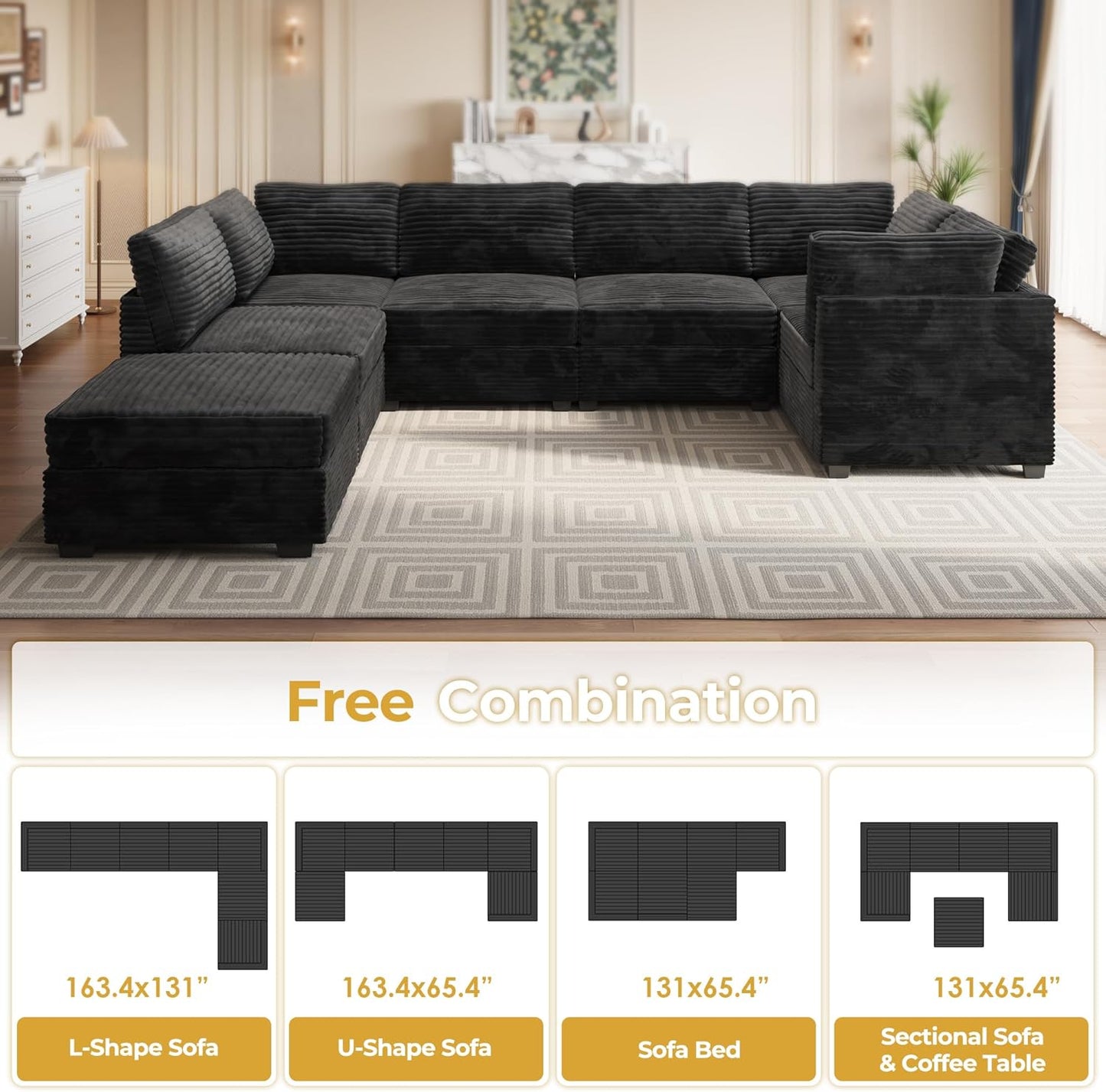 HOOOWOOO Modular Sectional Sofa,7 Pieces Sectional Couches for Living Room,131X66 U Shaped Cloud Couch with Ottoman Chaise Set(Black Velvet Corduroy)