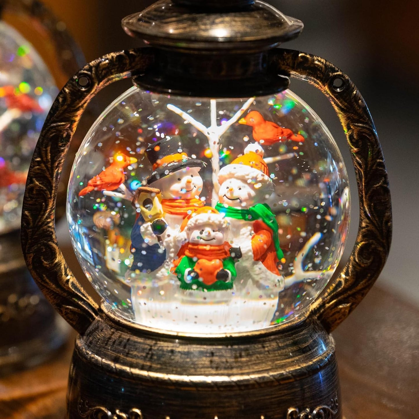 Christmas Snow Globe Lantern Water Glittering Snowman with Music, USB Lined/Battery Operated Lighted Lantern for Christmas Festival Decoration Gifts