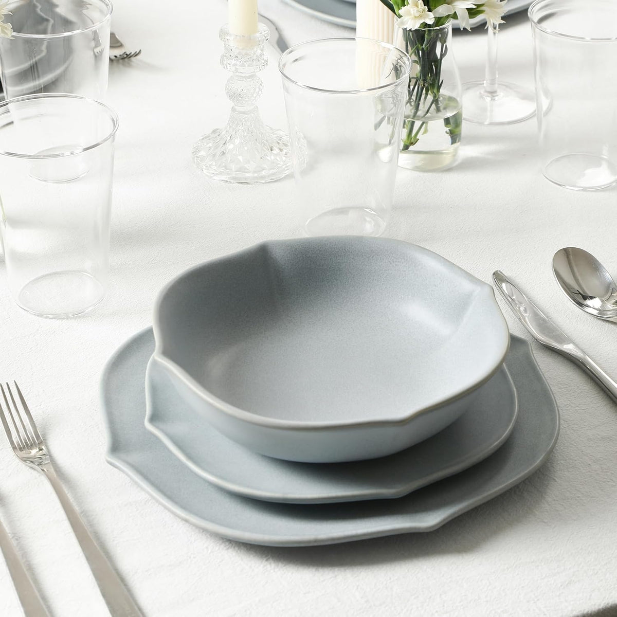 Stone Lain Baskerville 32-Piece Dinnerware Set Stoneware, Borosilicate Glass, Light Blue