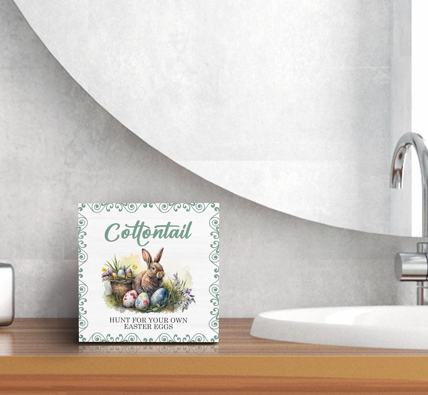 SRADMO Easter Wooden Block Decorative Sign, 5x5 inches, Wood, Tabletop Mount, Multicolor, Easter Theme, Rustic Style, Pre-Printed Text: Cottontail