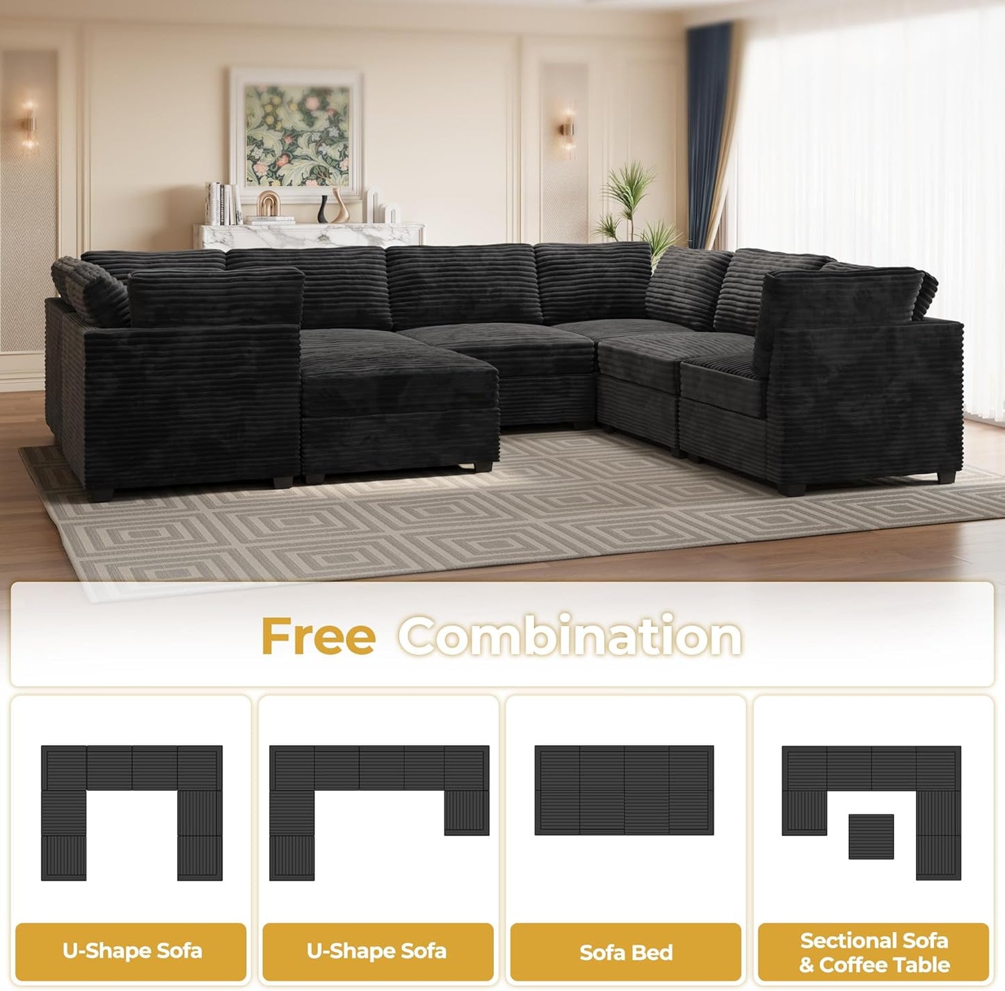 HOOOWOOO Modular Sectional Sofa,8 Pieces Sectional Couches for Living Room,131X98 G Shaped Cloud Couch with Ottoman Chaise(Black Velvet Corduroy)