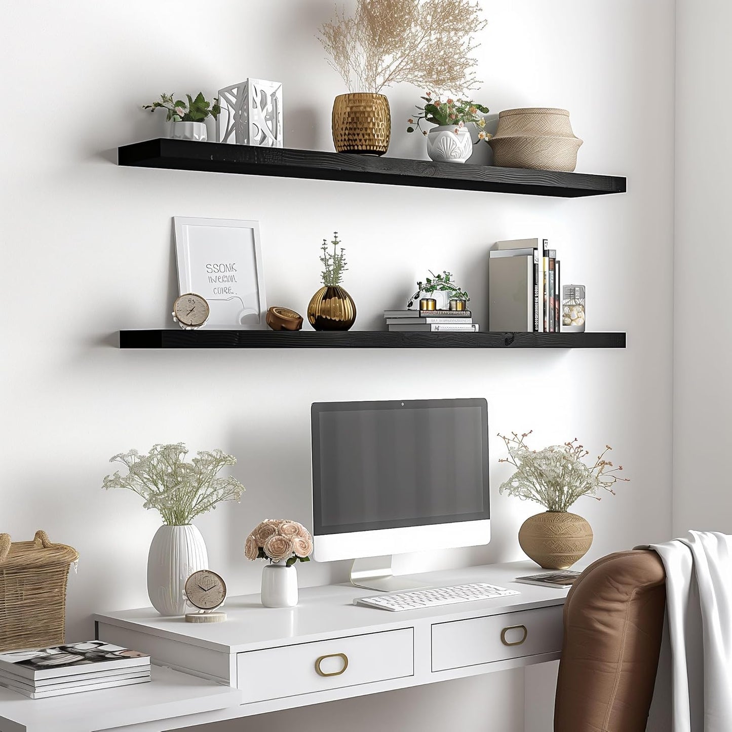 Wood Floating Shelves for Wall Decor, Rustic Wall Shelves for Bedroom Bathroom Kitchen Living Room, Set of 4 Black 48 Inch