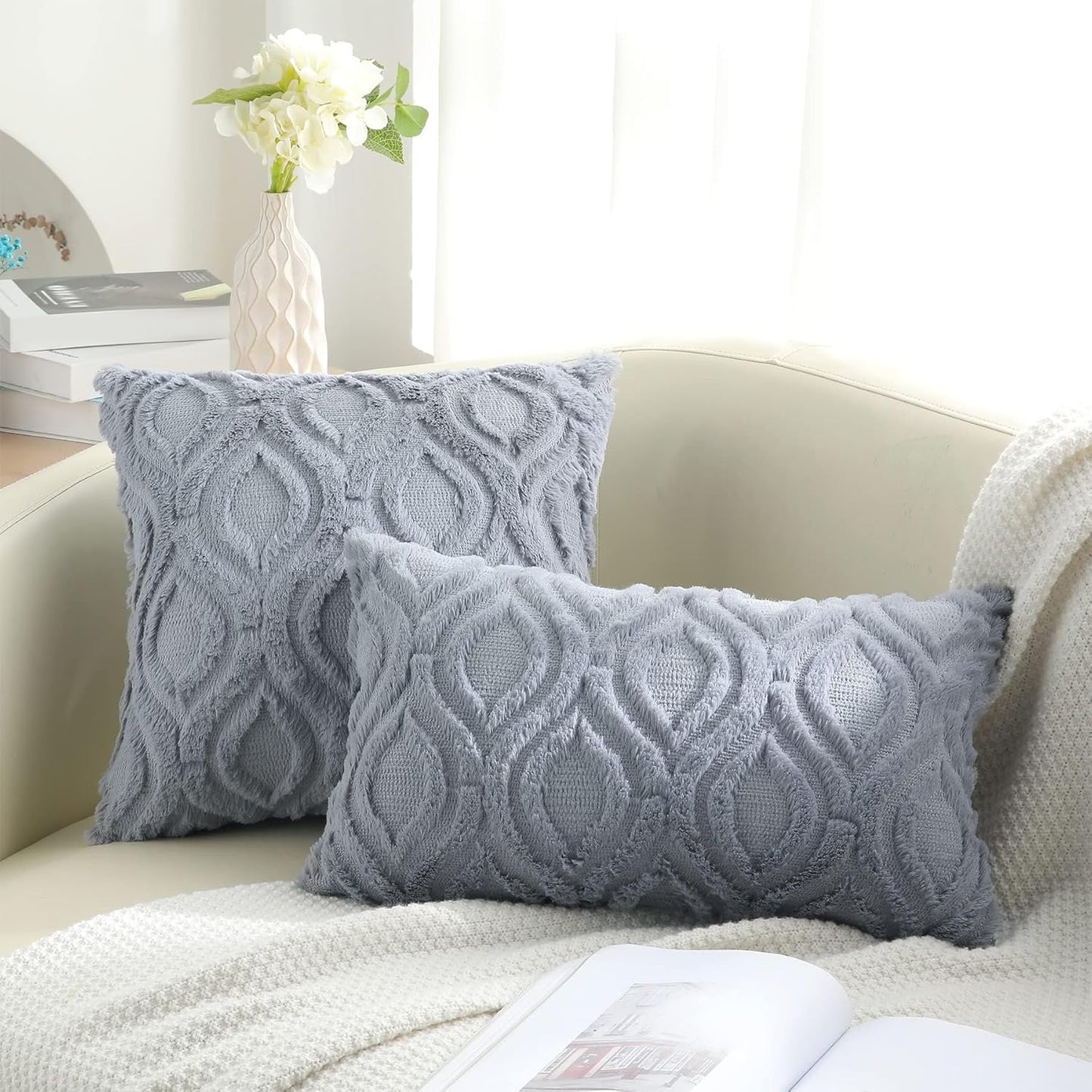 decorUhome Throw Pillow Covers 18x18 Inch Set of 2, Soft Plush Faux Wool Blue Grey Couch Pillow Covers, Spring Solid Dyed Accent Pillow Cases for Sofa Bed Living Room Home Decor