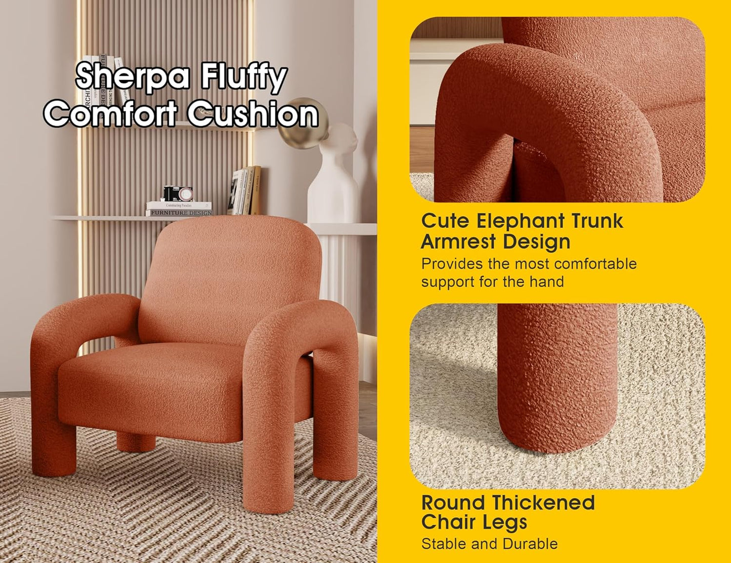 Modern Sherpa Accent Chair, Teddy Upholstered Arm Single Sofa, Cozy Fluffy Reading Chair for Living Room, Bedrooms, Corner (Orange)