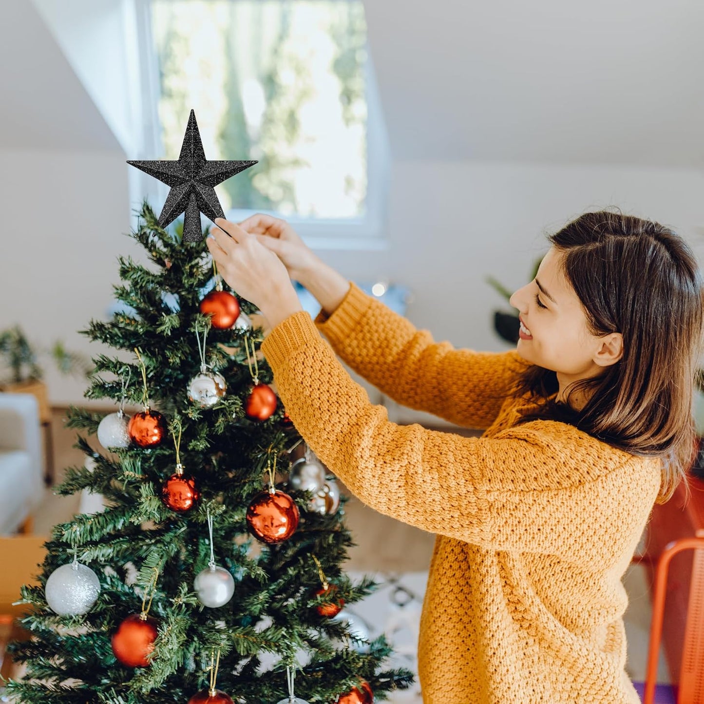 1PCS Christmas Star Tree Topper, 4" Black Christmas Tree Topper Decorations, 3D Glitter Shatterproof Mini Bethlehem Star Tree Decor, Waterproof Christmas Tree Topper for Holiday Indoor Ornament