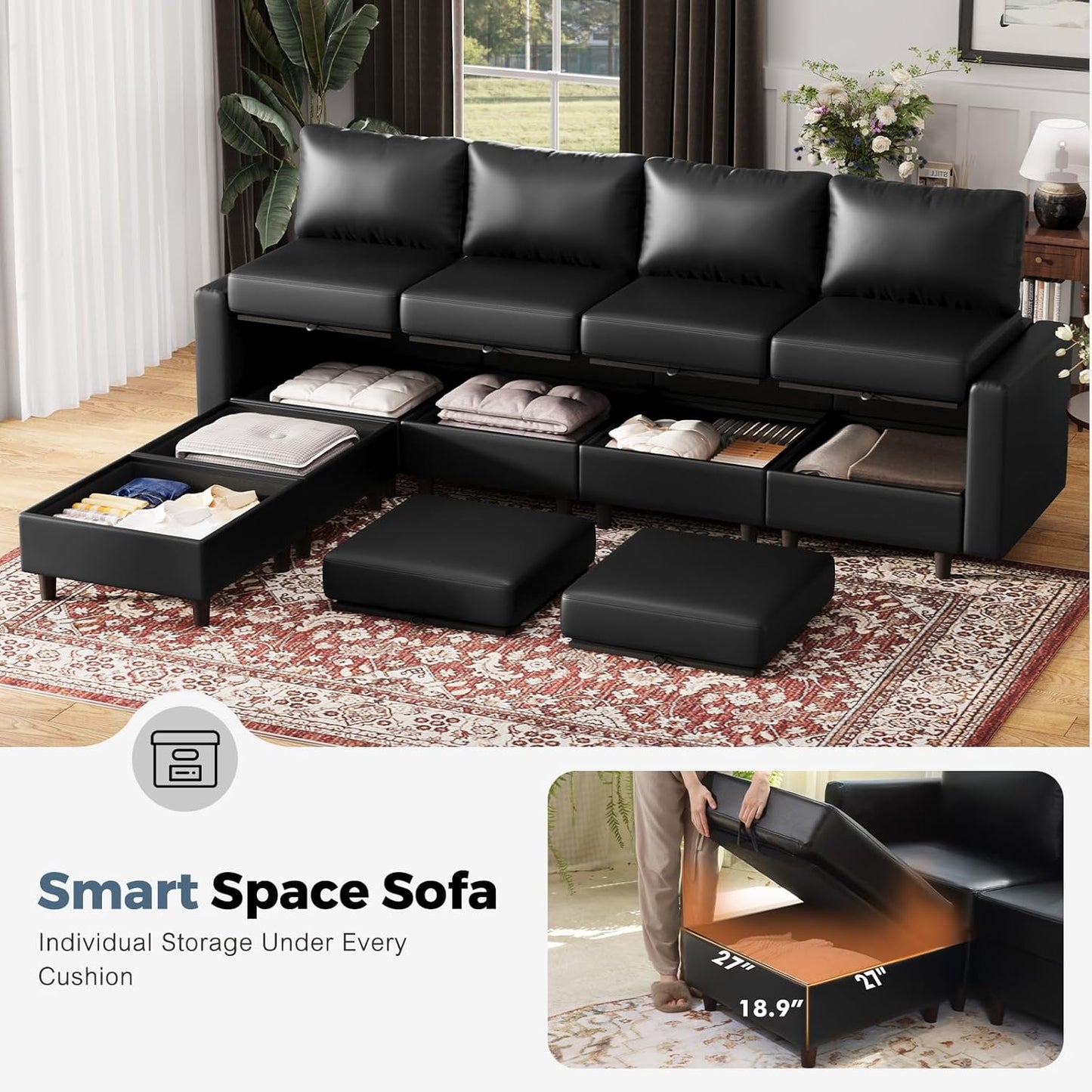 ABCASA 64.6" Faux Leather Loveseat Sleeper Sofa Bed with Storage Seat, Modern Modular Sectional Couch Deep Seat with Reversible Chaise 2-Seat Black for Apartment, Living Room, Bedroom