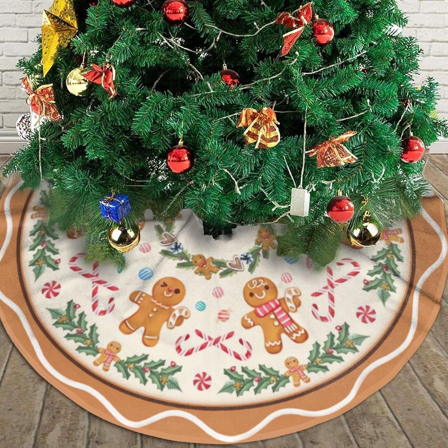 Christmas Tree Skirt,Gingerbread Xmas Tree Skirt Rustic Farmhouse Tree Skirt for Christmas Decor Xmas Holiday Home Party Decorations36