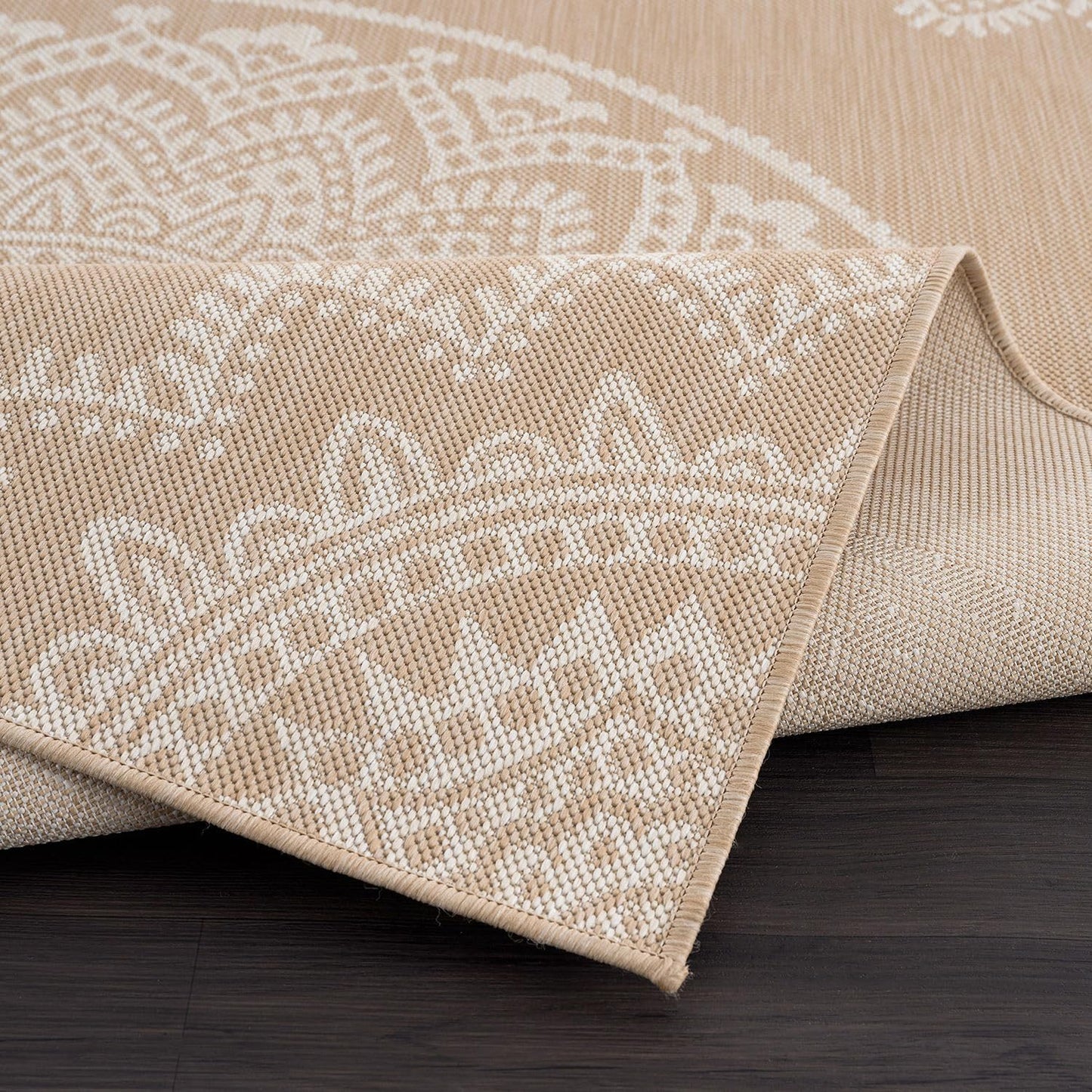 CAMILSON Outdoor Rug 5x7 Modern Area Rugs for Indoor and Outdoor Patios and Porches - Waterproof, Washable, Non-Shedding, Easy-to-Clean Outside Carpet (5 x 7, Medallion - Beige/White)