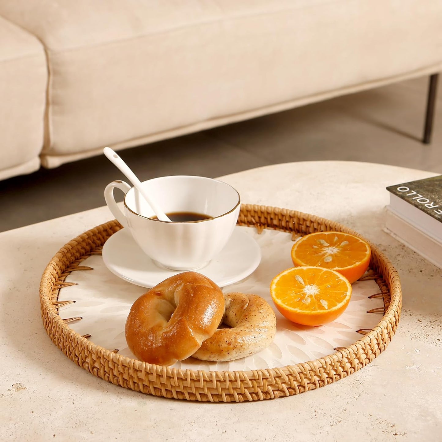 Round Rattan Tray with Mother of Pearl Inlay & Wooden Base - Decorative Wicker Serving Tray for Coffee/Bread/Fruits, Food Storage & Display - Multipurpose Home Decor (L,White Leaves)