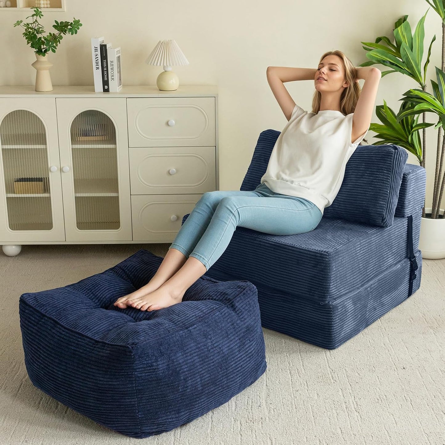 HIGOGOGO Square Stuffed Pouf Ottoman, Corduroy Poufs with Foam Chunk Filling, Furry and Fluffy Pouf Foot Stool Storage Ottoman, 25.6 X 25.6 Floor Poufs Foot Rest for Living Room, Navy