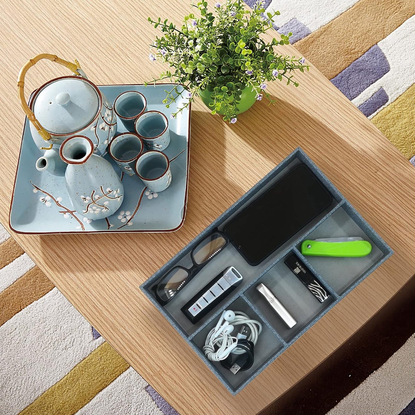 Desktop Storage Organizer, Bedside Table or Storage rack Leather Tray, Valet Tray, Dresser Organizer, 4 Compartments,PU Leather Drawer Storage Organizer Decorative Trays. (gray)