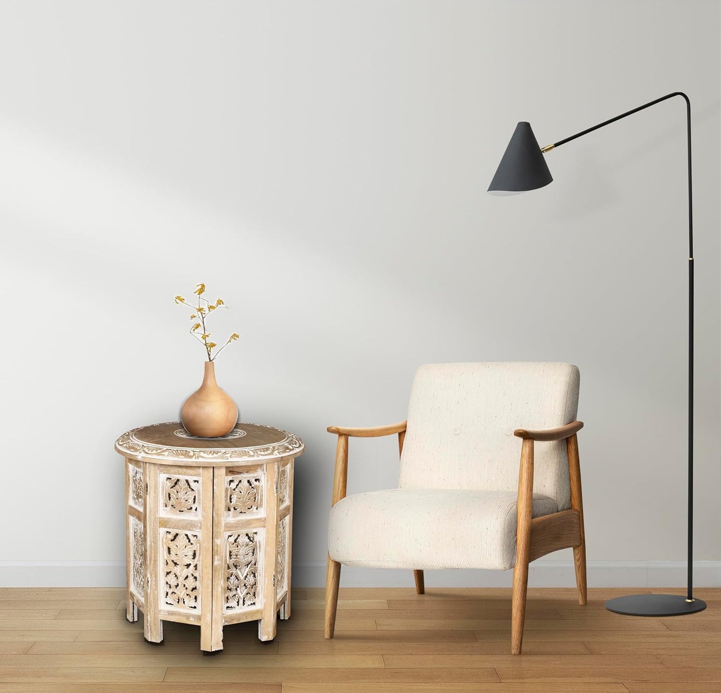 Lightnpro Hand Carved Solid Mango Wood Octagonal Accent Table - 18"×18" White Wash Farmhouse Vintage Home Décor Round End Table for Living Room, Bedroom, Entryway - Rustic Boho Side Table