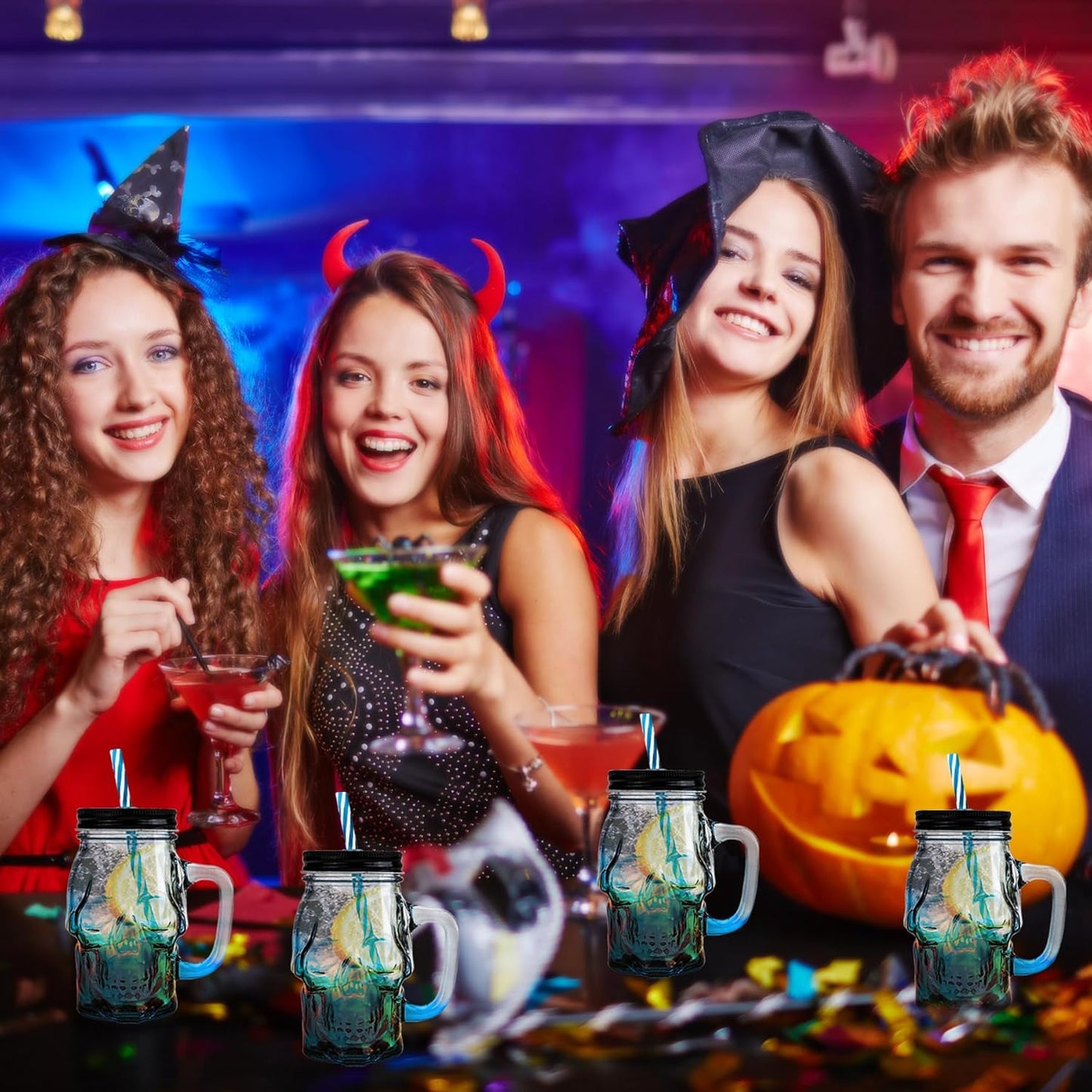 Halloween Cups Set of 4 - Blue Skull Glass Drinking Jar with Lids and Straws - Halloween Decor, Drinking Glasses 16 oz