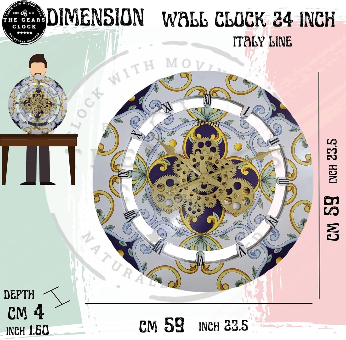 The Gears Clock 24 inches Round Italy Collection Wall Clock with Moving Gears Italy LINE (Praiano)
